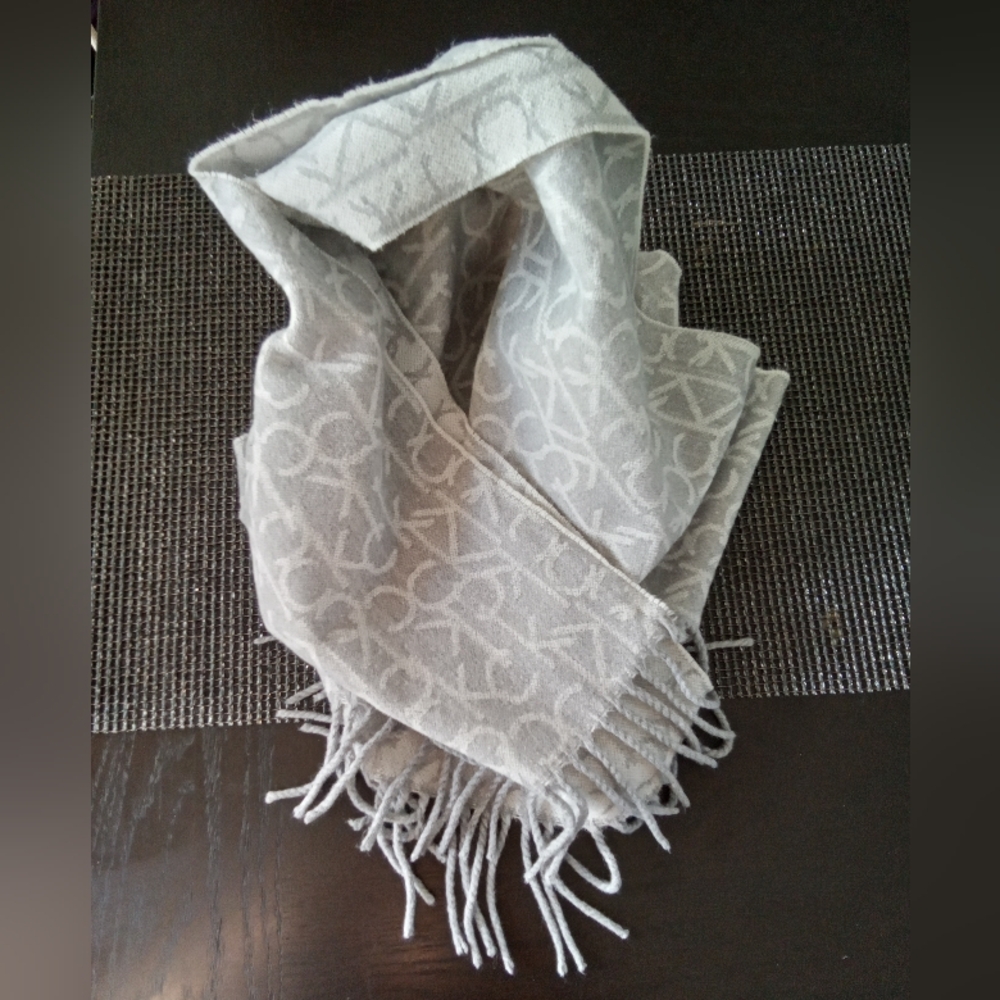 Calvin Klein Logo Grey Fringe Scarf